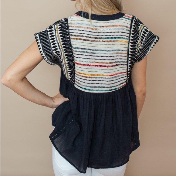 Anthro THML Black Embroidered Tassel Tie Babydoll Blouse Top - Picture 3 of 12